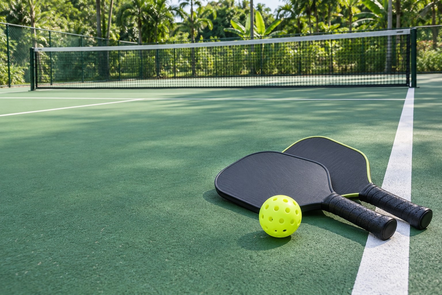 Two pickleball paddles and a lime pickleball beside the white line of a green outdoor court.